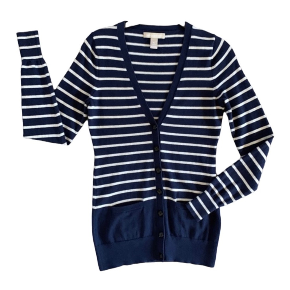 BANANA REPUBLIC Sz S Cashmere Cotton NAVY WHITE STRIPED BUTTONS CARDIGAN SWEATER